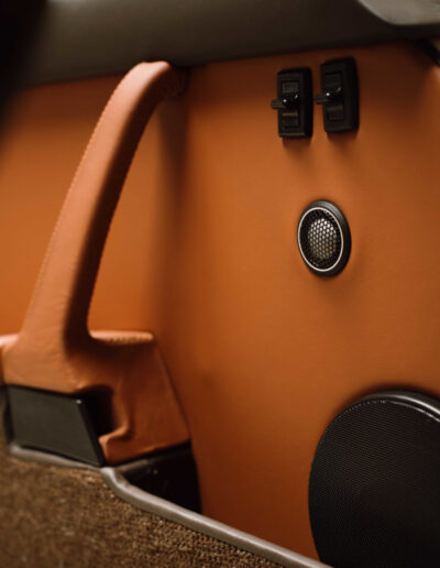 Tan interior side panel with a speaker and leather pull strap